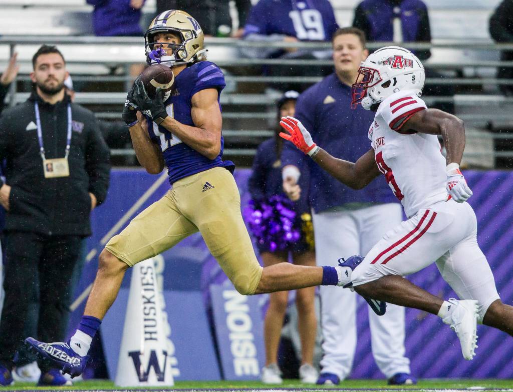 Washington Huskies wide receiver Jalen McMillan makes a catch for a touchdown during the game against Arkansas State on Saturday, Sept. 18, 2021 in Seattle, Wa. (Olivia Vanni / The Herald)