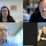 Heather Thomas (top left), Snohomish Health District public and government affairs manager, introduces Snohomish County Executive Dave Somers (top right) and health officer Dr. Chris Spitters (bottom left) during Tuesdays COVID-19 briefing. (Snohomish Health District)