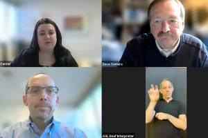 Heather Thomas (top left), Snohomish Health District public and government affairs manager, introduces Snohomish County Executive Dave Somers (top right) and health officer Dr. Chris Spitters (bottom left) during Tuesday’s COVID-19 briefing. (Snohomish Health District) 20210921