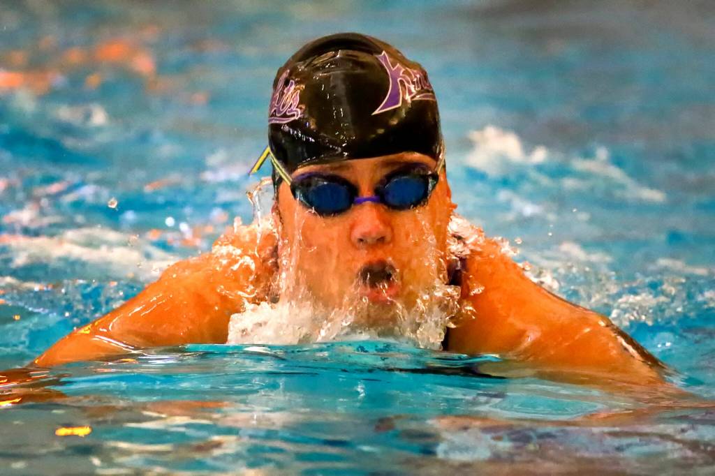 Kamiaks Julia Lorenzo competes in the 200 yard IM Tuesday afternoon at Kamiak High School in Mukilteo on September 21, 2021. (Kevin Clark / The Herald)