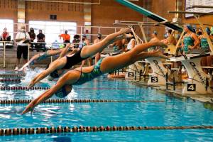 The start of the 400 yard freestyle relay Tuesday afternoon at Kamiak High School in Mukilteo on September 21, 2021. (Kevin Clark / The Herald)