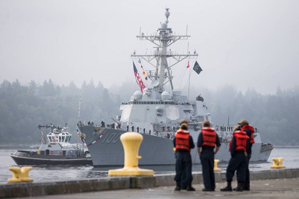 The USS Kidd returns from deployment on Friday in Everett. (Olivia Vanni / The Herald)