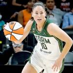 Seattle Storm guard Sue Bird (10) during the first half of the Commissioner's Cup WNBA basketball game against the Connecticut Sun, Thursday, Aug. 12, 2021, in Phoenix. (AP Photo/Matt York)