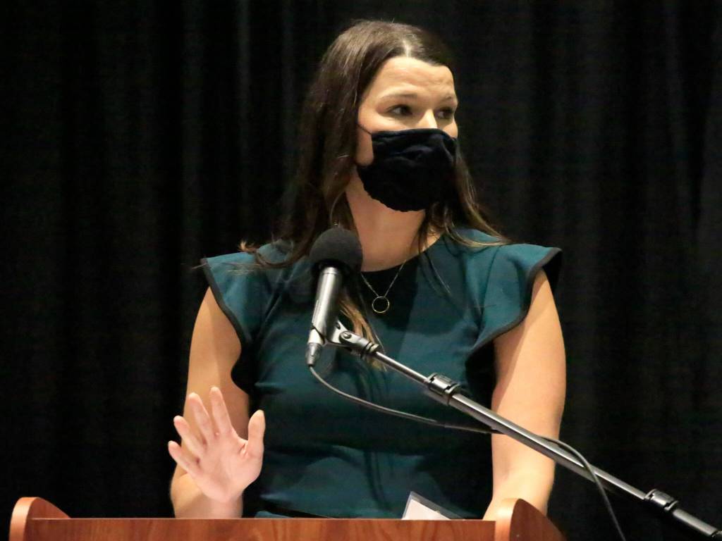 Krista Colburn Monrean gives her acceptance speech as an inductee during the Snohomish County Sports Hall of Fame banquet at the Edward D. Hansen Conference Center at Angel of the Winds Arena on Wednesday night in Everett. (Kevin Clark / The Herald)