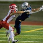 Glacier Peaks Logan Szarzec reaches out for a pass during a game against Marysville Pilchuck on Friday in Snohomish. (Olivia Vanni / The Herald)