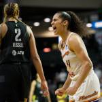 Phoenix Mercurys Skylar Diggins-Smith yells after the Mercury win the second-round, single elimination playoff game against the Seattle Storm at Angel of the Winds Arena on Sunday in Everett. (Olivia Vanni / The Herald)