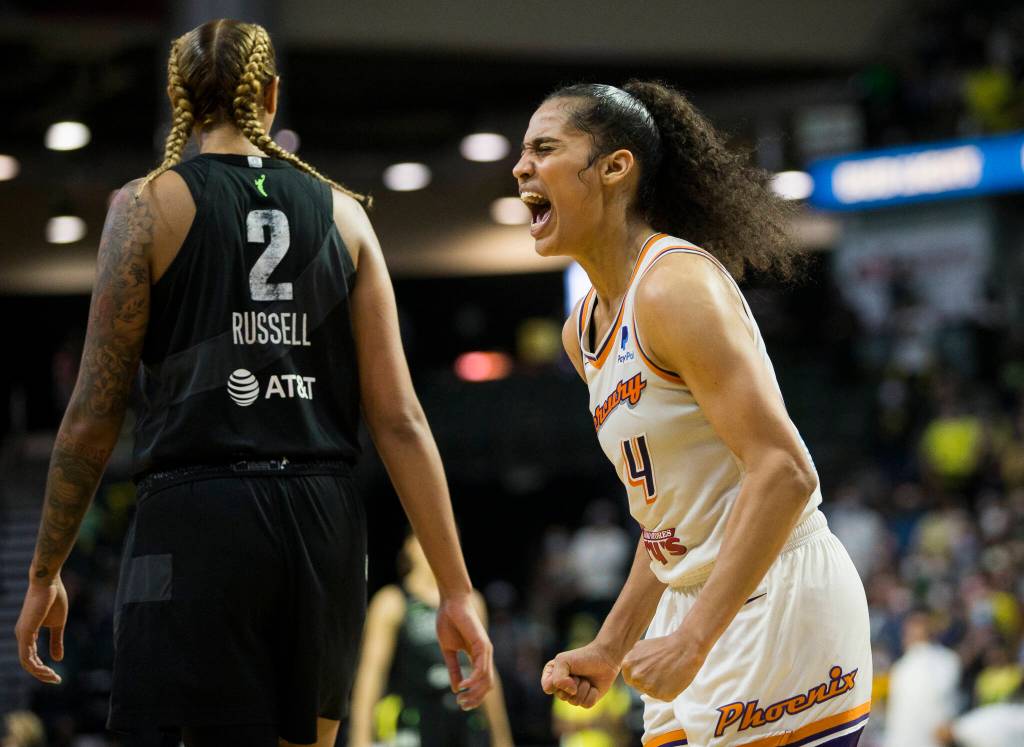 Phoenix Mercurys Skylar Diggins-Smith yells after the Mercury win the second-round, single elimination playoff game against the Seattle Storm at Angel of the Winds Arena on Sunday in Everett. (Olivia Vanni / The Herald)