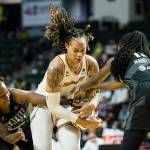 Seattle Storms Epiphanny Prince and Ezi Magbegor fight Phoenixs Brittney Griner for the ball during the second-round, single elimination playoff game at Angel of the Winds Arena on Sunday in Everett. (Olivia Vanni / The Herald)