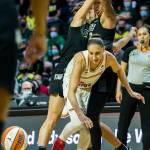 Phoenix Mercurys Diana Taurasi is double teamed by Seattles Stephanie Talbot and Mercedes Russell during the second-round, single elimination playoff game at Angel of the Winds Arena on Sunday in Everett. (Olivia Vanni / The Herald)