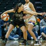 Seattle Storm’s Sue Bird yells out a play during the second round single elimination playoff game against Phoenix Mercury at Angel of the Winds Arena on Sunday, Sept. 26, 2021 in Everett, Wa. (Olivia Vanni / The Herald)
