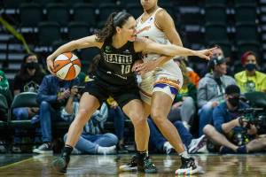 Seattle Storm’s Sue Bird yells out a play during the second round single elimination playoff game against Phoenix Mercury at Angel of the Winds Arena on Sunday, Sept. 26, 2021 in Everett, Wa. (Olivia Vanni / The Herald)