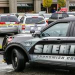 The scene where police from a King County agency shot a man at the end of a car chase Monday afternoon in a Safeway parking lot in Snohomish on September, 27, 2021.  (Kevin Clark / The Herald)