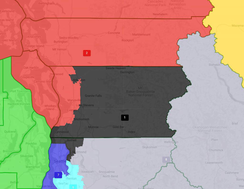 April Sims proposed map for Districts 1, 2 and 7. (Washington State Redistricting Commission)