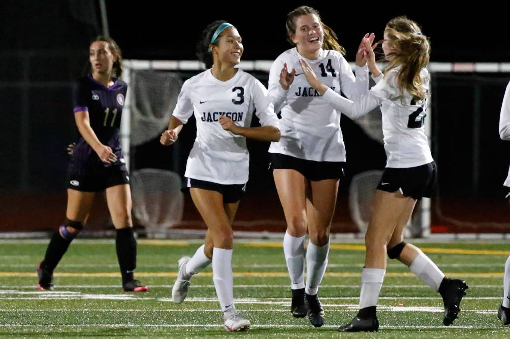 Jackson celebrates a goal Tuesday night at Lake Stevens High School on September 28, 2021. (Kevin Clark / The Herald)