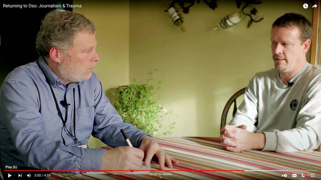 Eric Stevick talks to Dayn Brunner in the documentary Returning to Oso: Journalism & Trauma. (Murrow News Service)