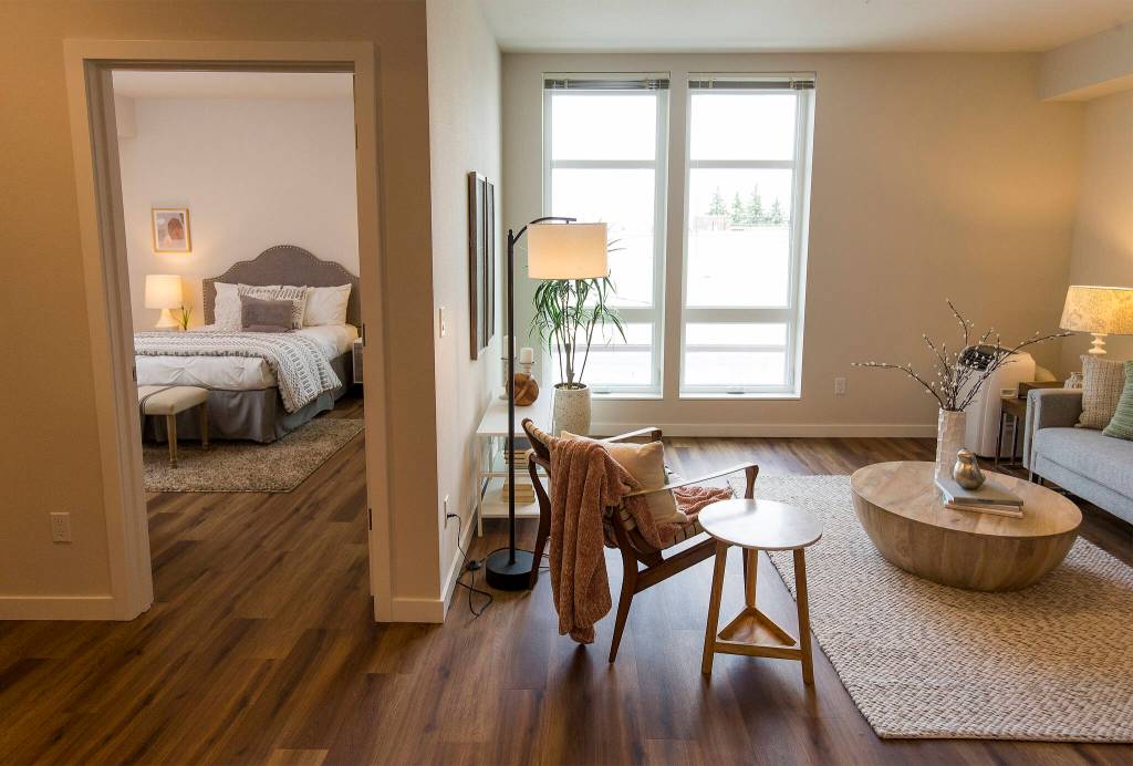 A single bedroom at the Marquee Apartments in Everett. (Andy Bronson / The Herald)