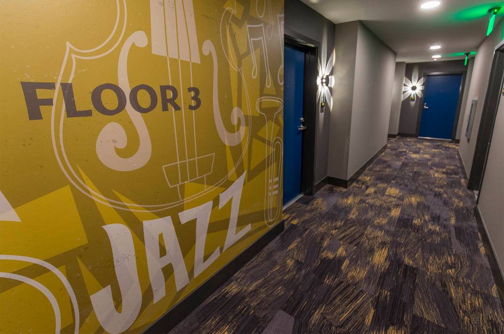 Each floor has a theme at the Marquee Apartments in Everett. (Andy Bronson / The Herald)