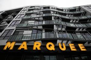 Balconies are built in the shape of film strips at the Marquee Apartments on Monday, Sept. 27, 2021 in Everett, Washington. (Andy Bronson / The Herald)
