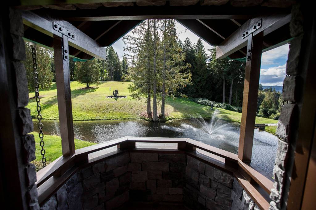 A view of the dragon statue and pond from the Romeo and Juliet balcony. (Olivia Vanni / The Herald)