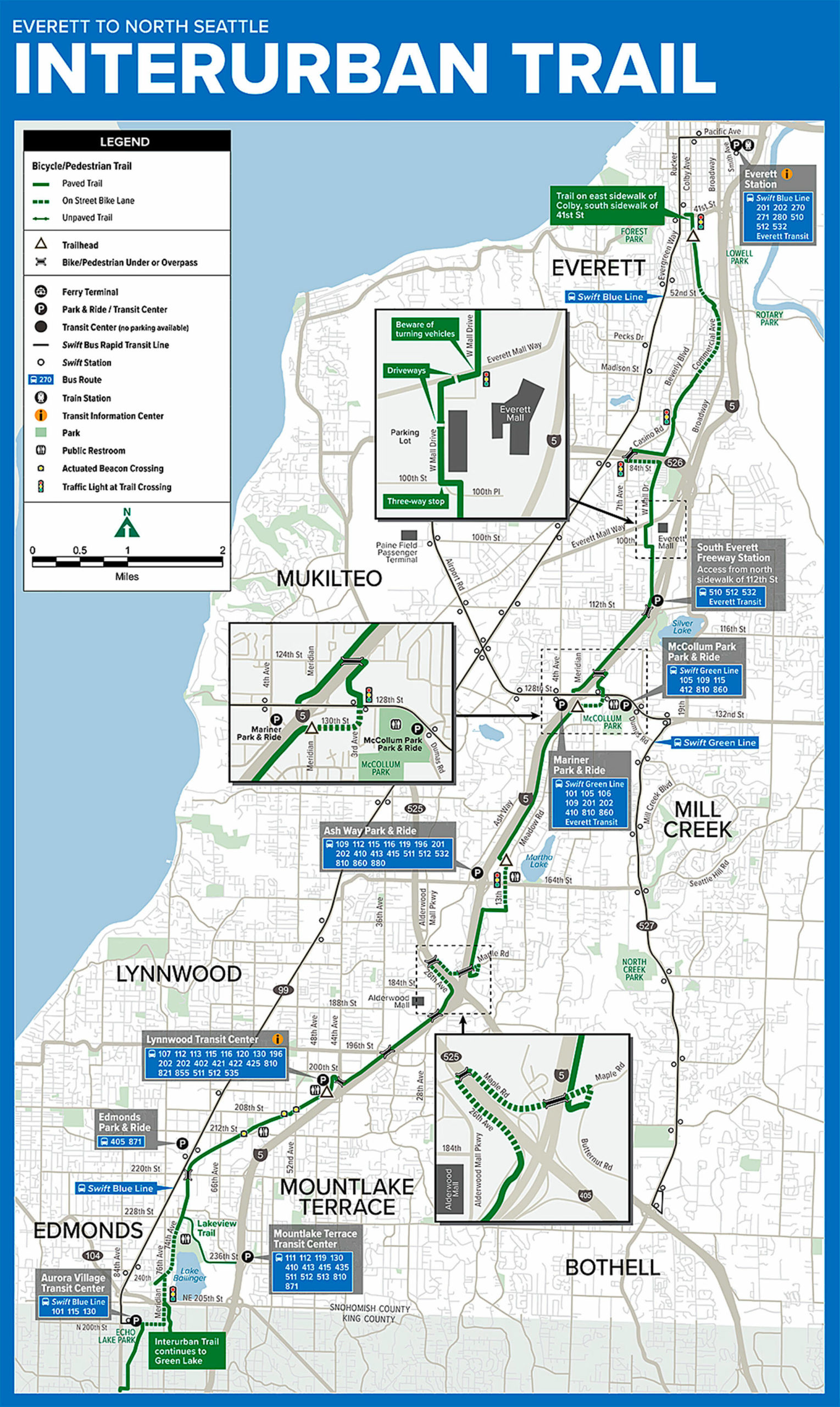 A map of the Interurban Trail between Everett and north Seattle. (Snohomish County)