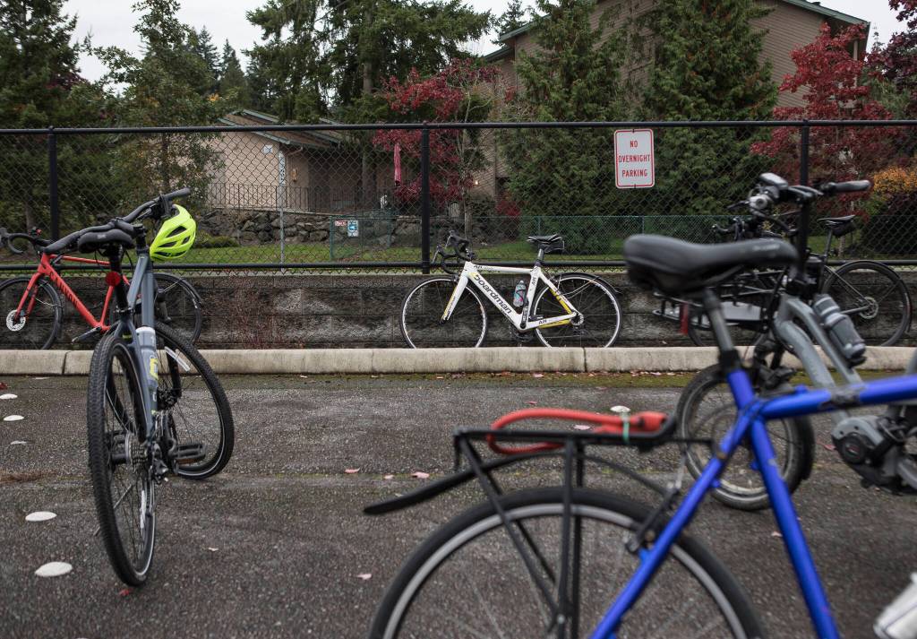 Bikes stationed at the starting point for the Leafline Trail Coalition and Snohomish County Transportation Coalition&rsquo;s &ldquo;policy ride&rdquo; Saturday in Mountlake Terrace. (Olivia Vanni / The Herald)
