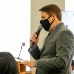 Eli Jacobsen, defense attorney, gives an opening statement to the jury Friday morning during the trial of Jason Dominguez at the Snohomish County Superior Court in Everett. (Kevin Clark / The Herald)