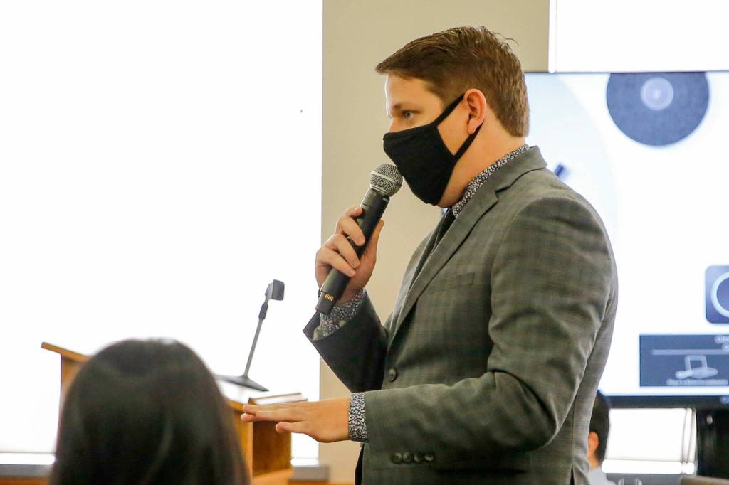 Eli Jacobsen, defense attorney, gives an opening statement to the jury Friday morning during the trial of Jason Dominguez at the Snohomish County Superior Court in Everett. (Kevin Clark / The Herald)