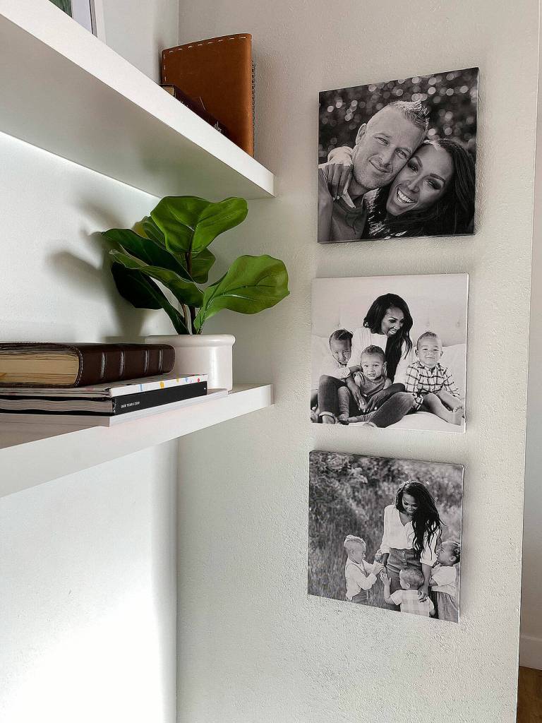 Chatbooks lets you connect your Instagram or camera roll to create beautiful photo books, prints, cards – or these lovely wall tiles. Your color or bw images are printed on square canvas frames equipped with moveable adhesive backing, perfect for renters and owners. (Chatbooks)