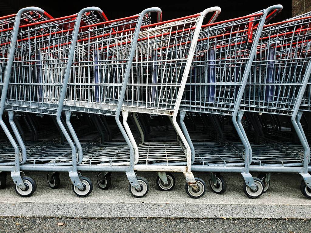 The lone white shopping cart at the Woodinville Costco achieved celebrity status as Blanco and now Dash. It is the only white cart in the fleet of gray carts and has a cult following inside the store and on social media. (Neil Enns / Dane Creek Photography)