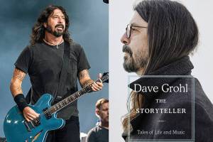 This combination photo shows Dave Grohl of the Foo Fighters performing at Bourbon and Beyond Music Festival in Louisville, Ky., on Sept. 20, 2019, left, and "The Storyteller: Tales of Life and Music, a memoir by Grohl. (AP Photo/Dey Street Books via AP)