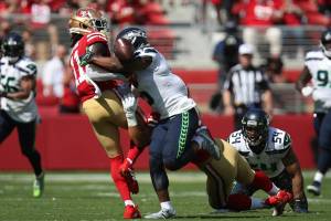 Seattle Seahawks' Quandre Diggs (6) breaks up a pass intended for San Francisco 49ers Brandon Aiyuk (11) during an NFL football game, Sunday, October 3, 2021, in Santa Clara, Calif. (AP Photo/Scot Tucker)