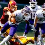 Lake Stevens' Drew Carter returns a fumble late the fourth quarter Friday at Memorial Stadium in Seattle on September 17, 2021. The Vikings defeated the Irish, 20-3. (Kevin Clark / The Herald)