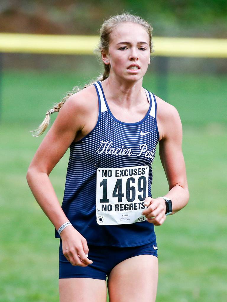 Glacier Peaks Adisen Stratton competes in a meet Wednesday afternoon at Hamlin Park in Seattle on October 6, 2021. (Kevin Clark / The Herald)