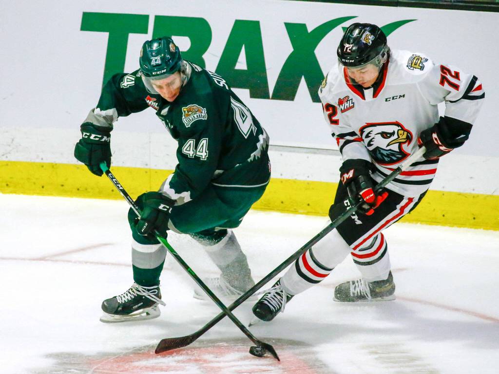 Everetts Aidan Sutter, left, and Portlands Marcus Nguyen cross sticks for the puck in the second period Friday night at the Angel of the Winds Arena in Everett on October 8, 2021. (Kevin Clark / The Herald)