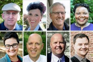 Top row (L-R): Kim Daughtry, Michele Hampton, Gary Petershagen, Joyce Copley. Bottom row (L-R): Jessica Wadhams, Steve Ewing, Marcus A. Tageant, Joseph Jensen.