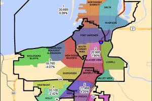 The A-8 proposal for Everett City Council districts, which were approved by voters in 2018, will be presented for public input in six virtual meetings over a week starting Thursday, Sept. 10. (City of Everett)