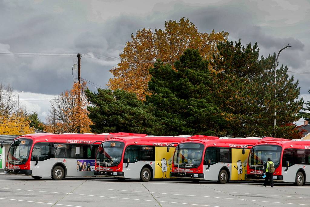 The Everett Transit bus depot can fit 10 electric buses for wireless charging in the middle of its lot, plus room for several more to charge along a wall in Everett. (Kevin Clark / The Herald)