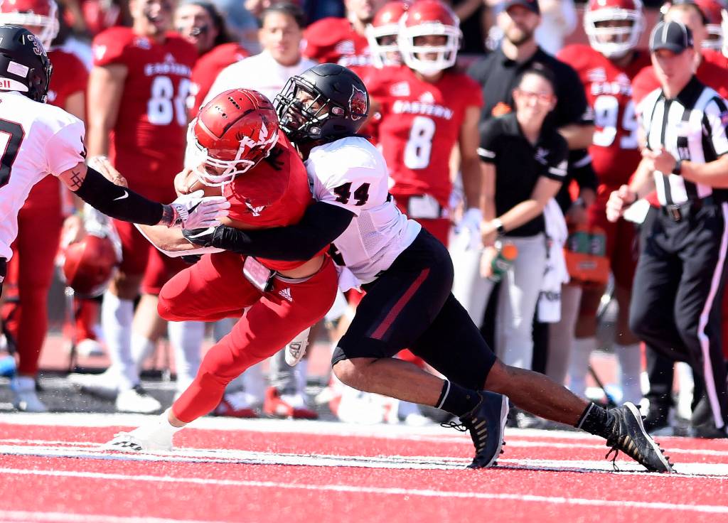 Jacob Thompson / CWU Athletics
Central Washington linebacker Donte Hamilton, a Kamiak High School graduate, makes a tackle during a game against Eastern Washington.