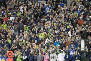 Seattle Seahawks fans during an NFL football game against the Los Angeles Rams, Thursday, Oct. 7, 2021, in Seattle. The Los Angeles Rams won 26-17. (AP Photo/Ben VanHouten)