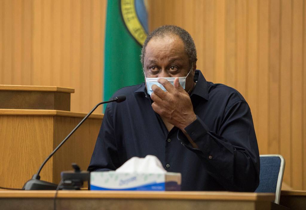 Community Transit bus driver Myron Johnson testifies during the trial of Alejandro Meza on Wednesday in Everett. (Olivia Vanni / The Herald)