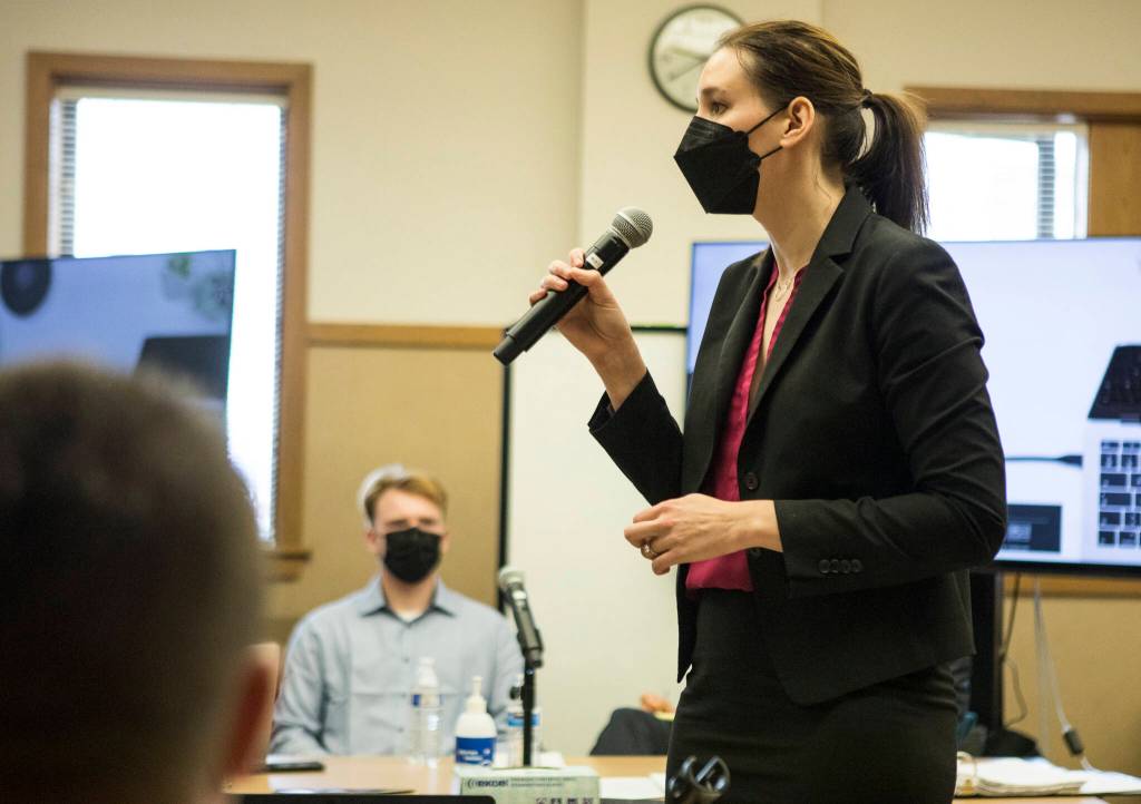 Deputy prosecuting attorney Elisabeth Forsyth makes opening statements during the Alejandro Meza trial Wednesday in Everett. (Olivia Vanni / The Herald)