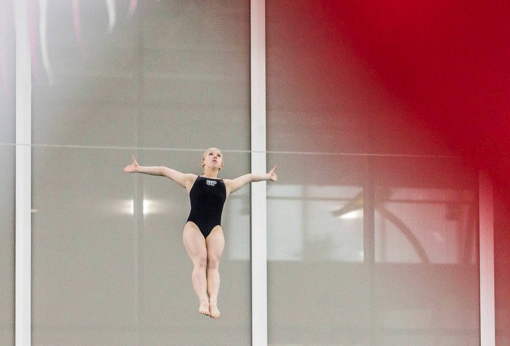 A Glacier Peak diver competes during the swim meet against Snohomish on Tuesday, Oct. 19, 2021 in Snohomish, Wa. (Olivia Vanni / The Herald)