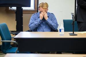 Alejandro Meza reacts to the verdict of guilty of first-degree manslaughter at the Snohomish County Courthouse on Wednesday, Oct. 27, 2021 in Snohomish, Wa. (Olivia Vanni / The Herald)