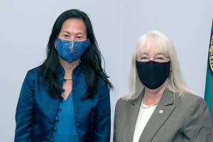 In this photo provided by the U.S. Senate Photographic Studio, Sen. Patty Murray, D-Wash., right, poses with Tana Lin in Washington on June 9, 2021. The U.S. Senate on Thursday, Oct. 21, 2021, confirmed civil rights attorney Tana Lin as a federal judge in Seattle. Lin, the president of the board of the American Civil Liberties Union of Washington, will be the first former public defender and the first Asian American to serve as a federal judge in Washington state, said Democratic Sen. Patty Murray. (John Shinkle/U.S. Senate Photographic Studio via AP)
