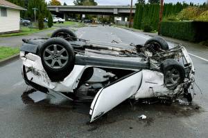 This crash in Monroe happened early Friday morning after police discontinued a high-speed chase. Both occupants were taken to a hospital. (Monroe Police Department) 20211022