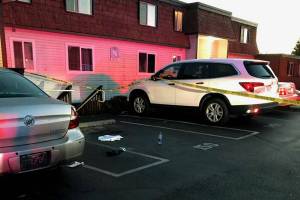 The parking lot of a Lynnwood apartment complex in the 19800 block of 50th Avenue West where a man was allegedly stabbed Friday night. (Lynnwood Police)