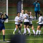 Jackson players react to one of teammate Kaeden Hansens two goals during their 2-1 win over Glacier Peak on Tuesday night. The Timberwolves claimed a share of the Wesco 4A title with the victory. (Olivia Vanni / The Herald)
