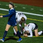 Glacier Peaks Chloe Seelhoff walks away from Jacksons Haley McCoy after fouling her during the game Tuesday in Snohomish. (Olivia Vanni / The Herald)
