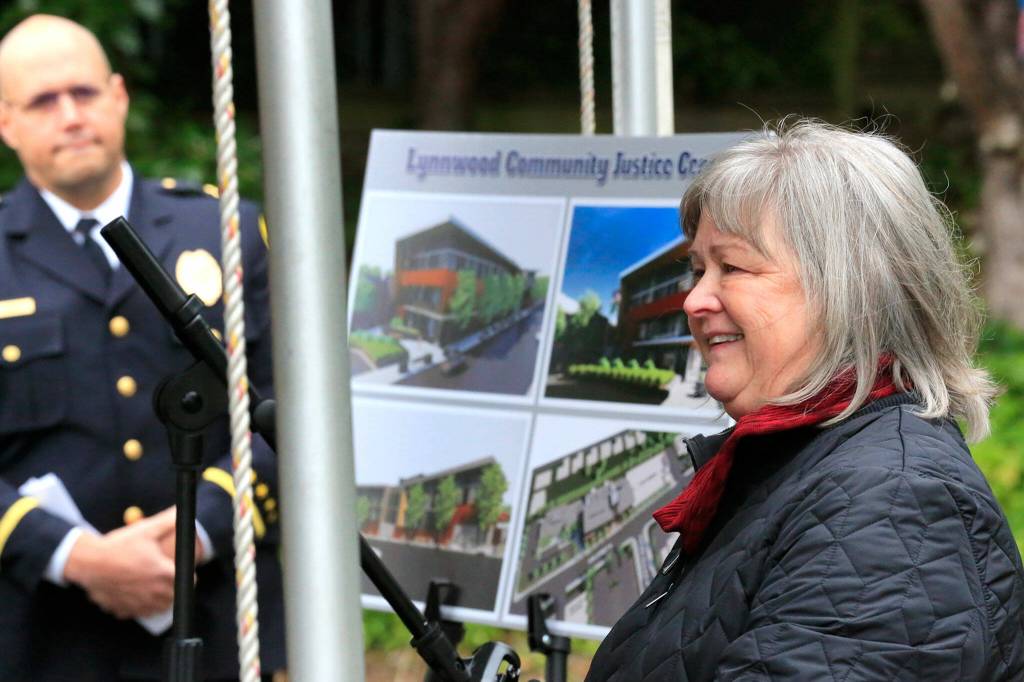 Mayor Nicola Smith addresses the crowd Wednesday during the groundbreaking for the Community Justice Center in Lynnwood. (Kevin Clark / The Herald)