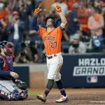 The Astros Jose Altuve celebrates after a home run during the seventh inning of Game 2 of the World Series against the Braves on Oct. 27, 2021, in Houston. (AP Photo/David J. Phillip)